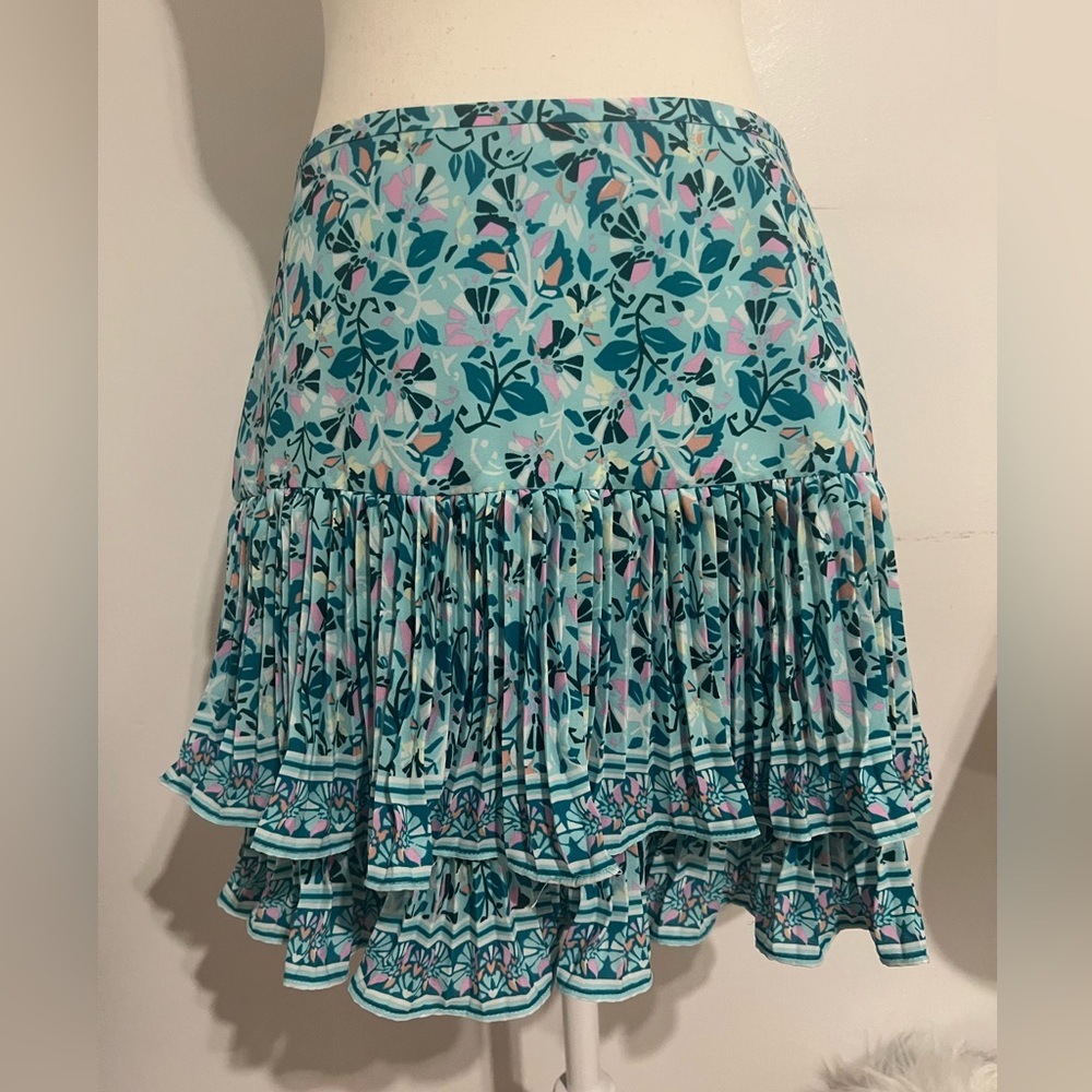 Floral Tiered Pleated Mini Skirt - Teal
